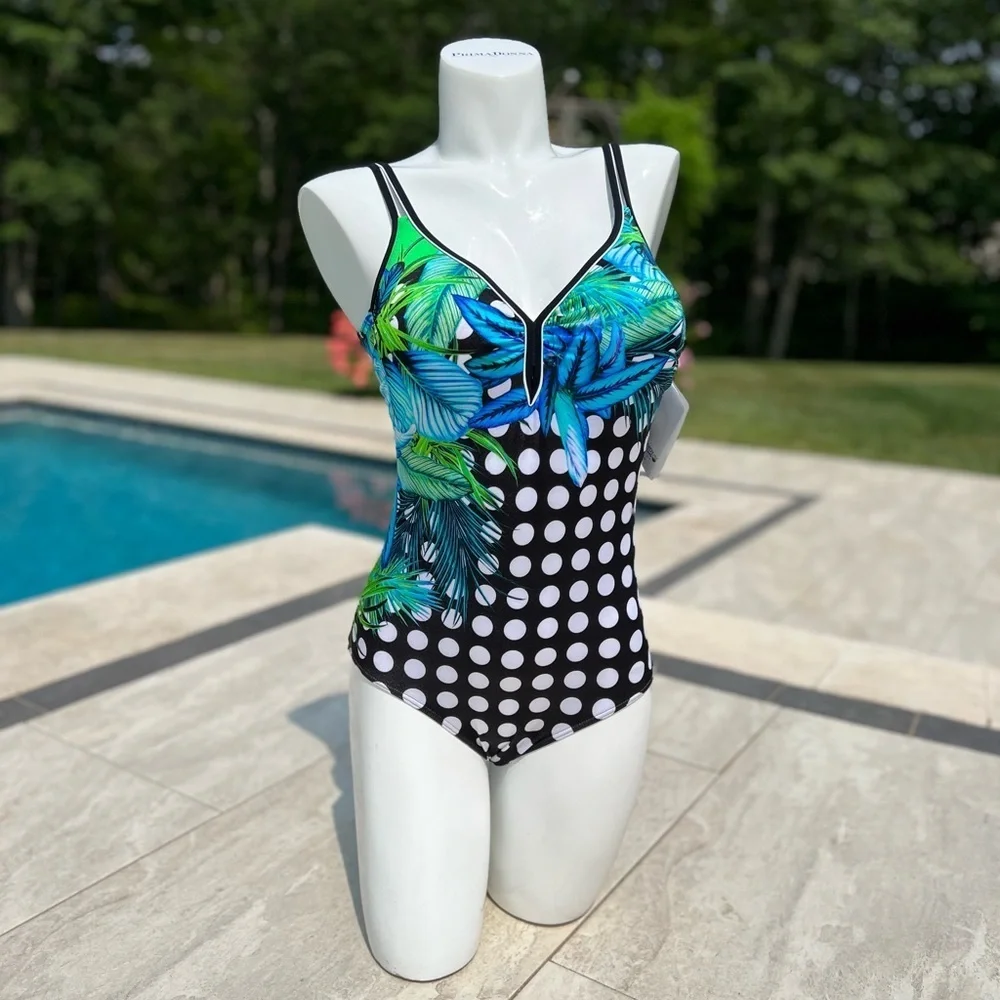 ‼️SALE ‼️ NWT One Piece Swimsuit By Sunflair polkadot with palm print Size 14